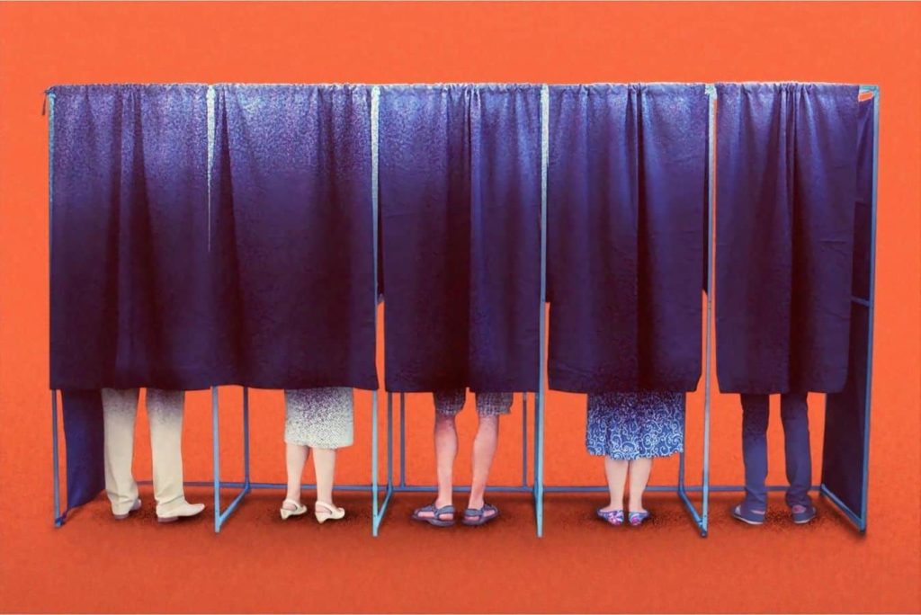 People standing in voting booths.
