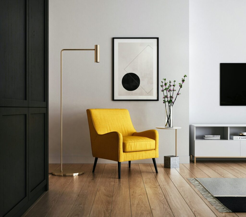 A yellow chair in a modern living room