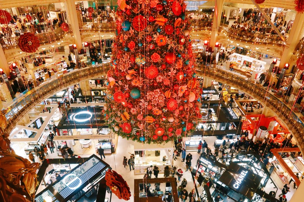 A Christmas tree in a store.