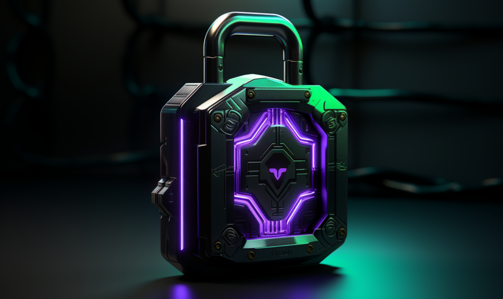 a futuristic padlock with green and purple neon background