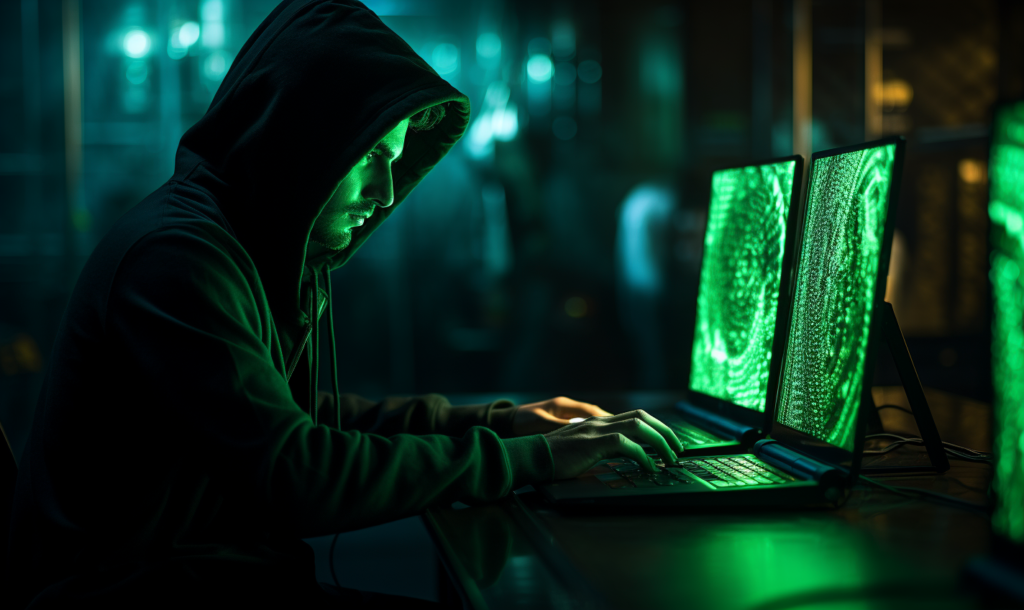 a hacker types on a computer emitting a green glow in an office