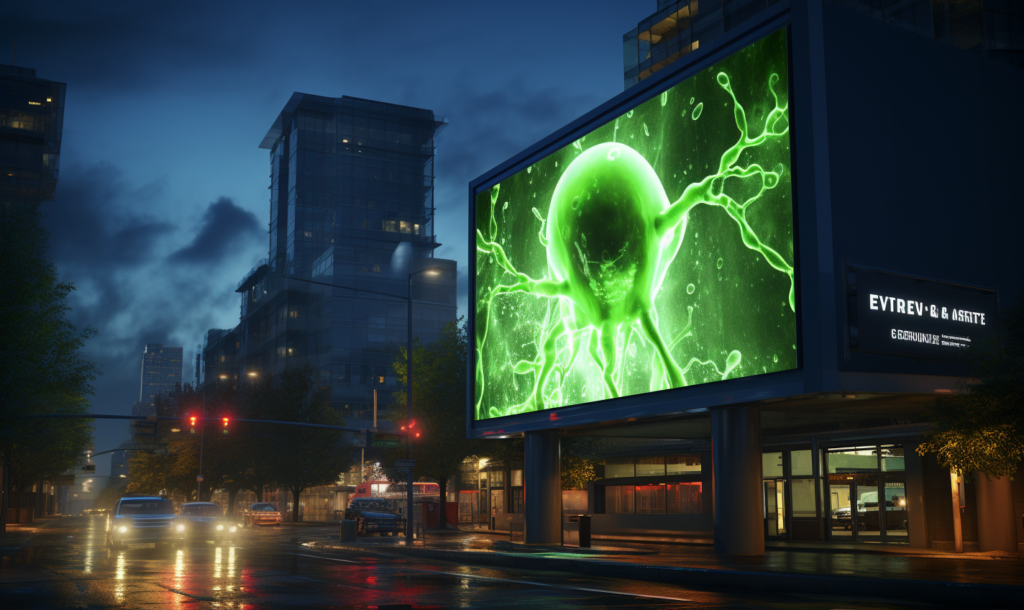 a malware virus appears on a billboard in an urban city