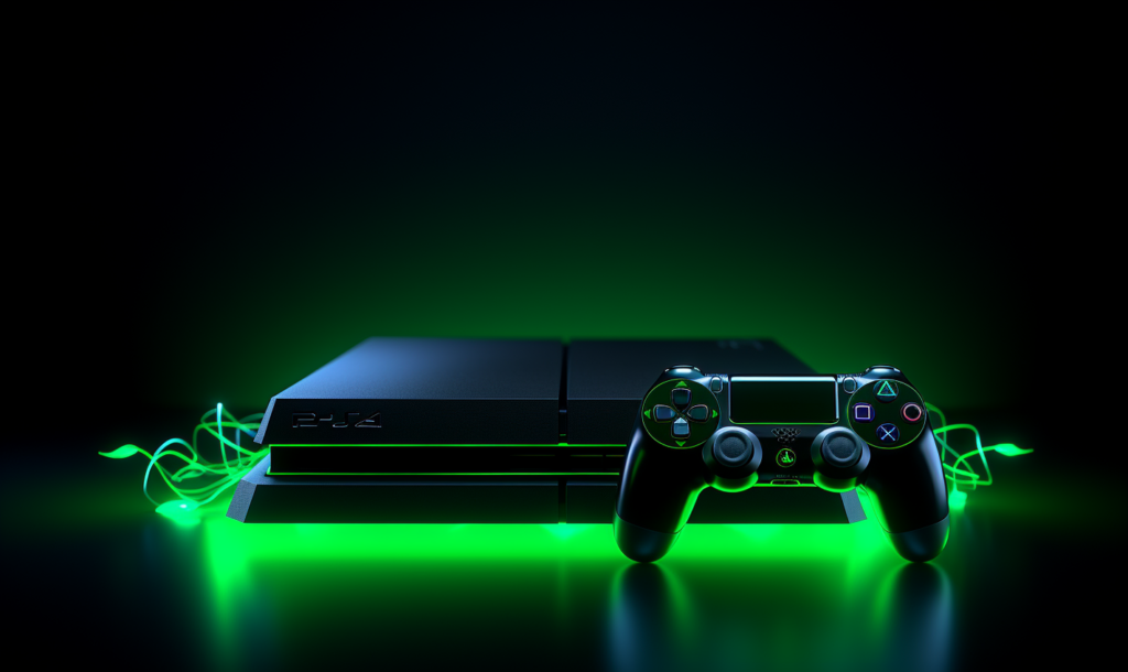 PS4 controller leaning against a PS4 console.