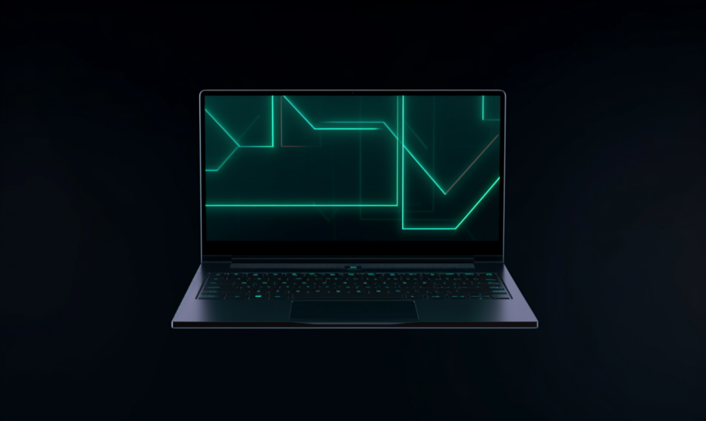 a laptop with green geometric lines on the screen faces forward on a black background