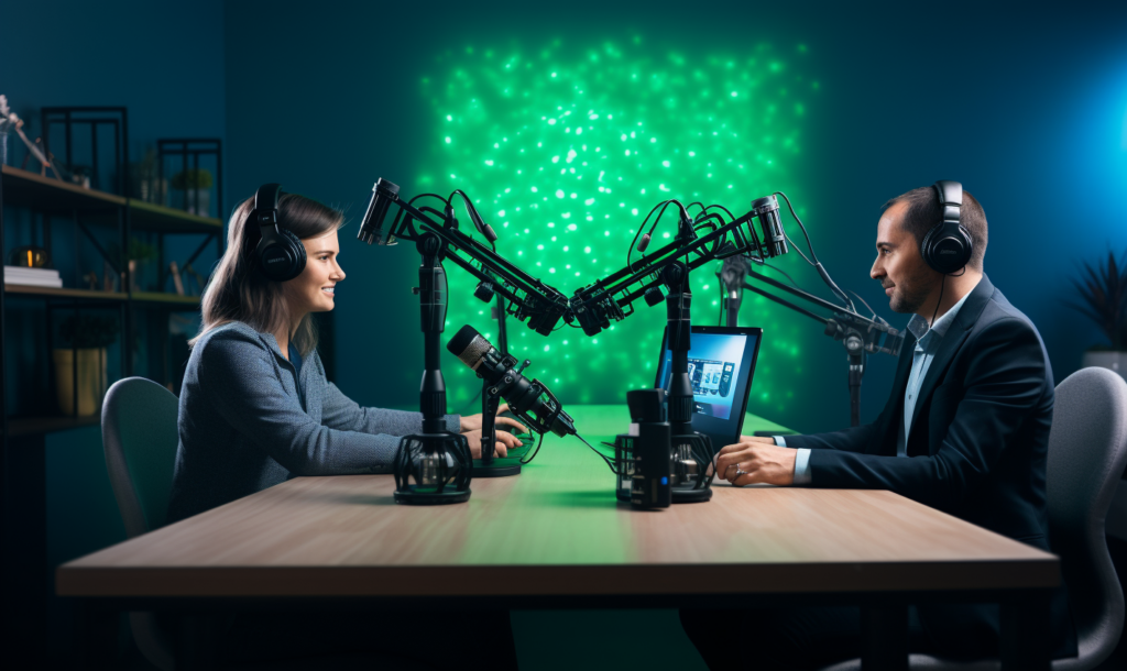 two podcasters sitting at a desk with microphones