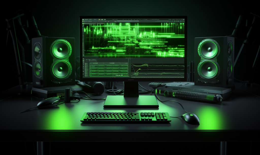 Desktop computer with audio editing software on screen.