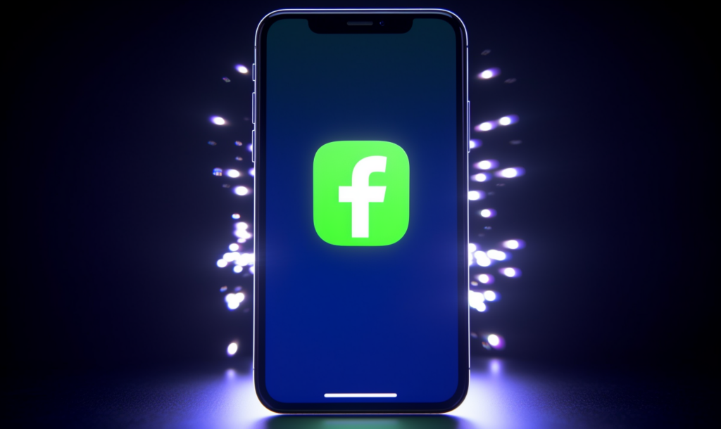 Phone screen showing the Facebook logo.