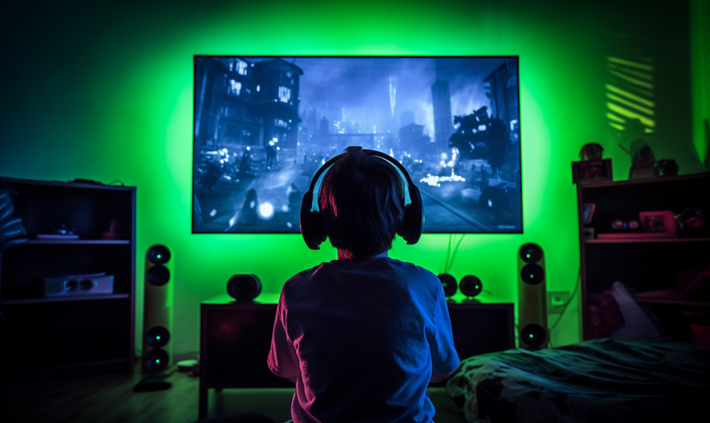 Young boy sitting in front of a TV in his bedroom and wearing headphones while playing a video game.