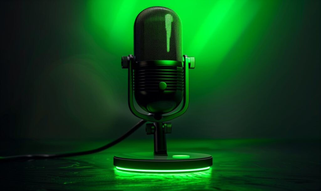 A podcast microphone on a table lit by a neon green light.