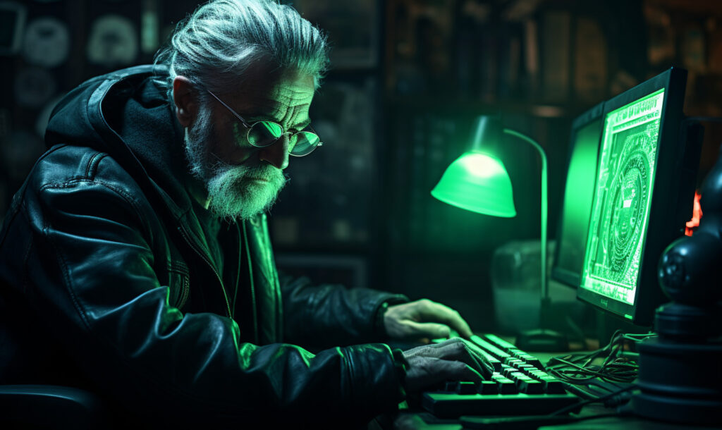 an older man sits at a computer with a virus appearing on the screen