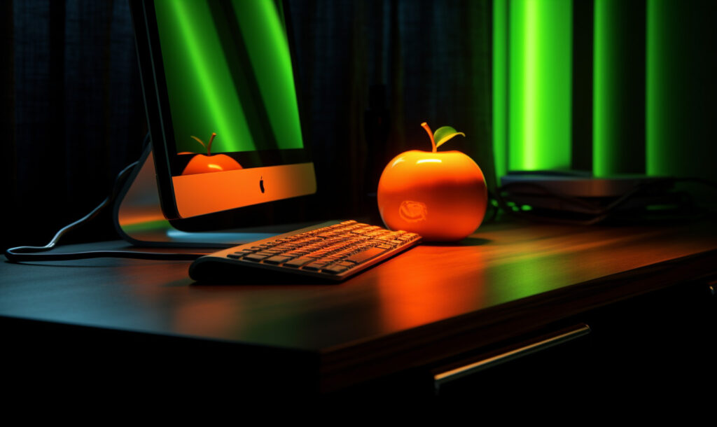 an apple on a desk with a computer