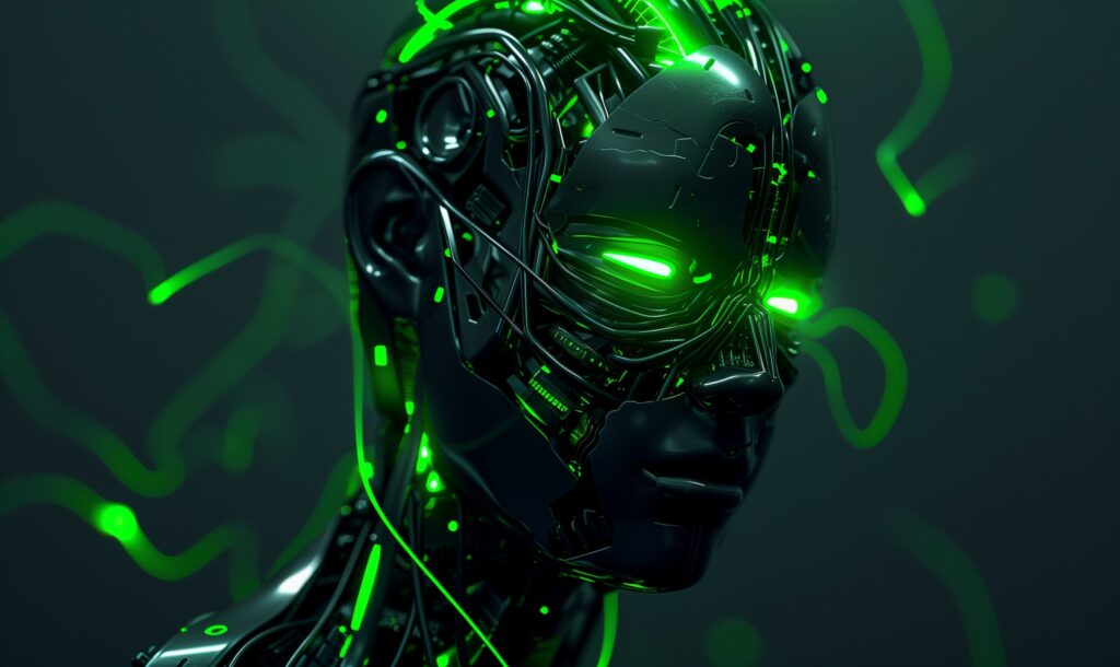 Closeup on a robot with glowing green eyes.