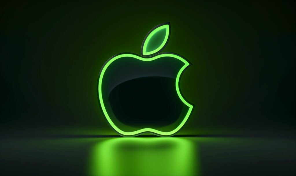 A glowing neon green Apple logo.
