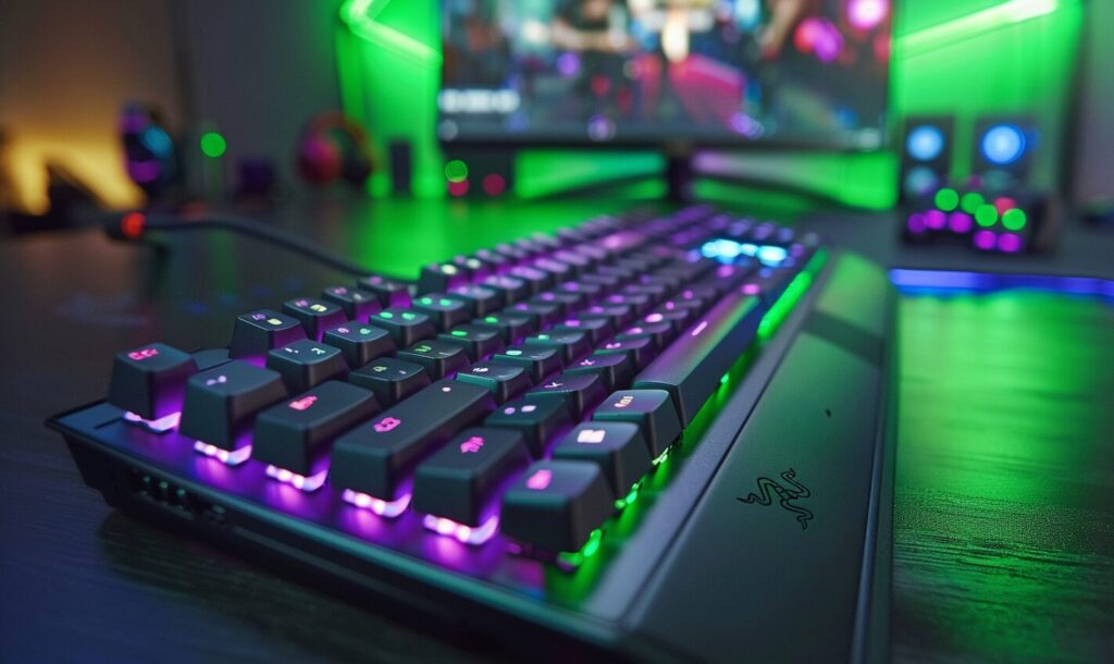 close up of a gaming keyboard with RGB lighitng on a desk