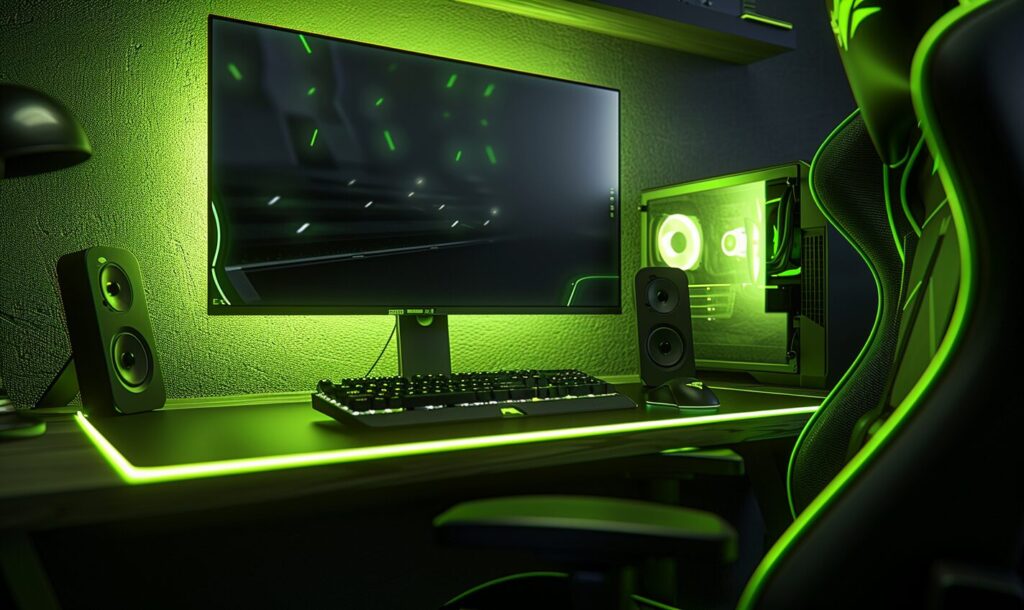 black and enon green gaming PC setup and gaming chair in a home office