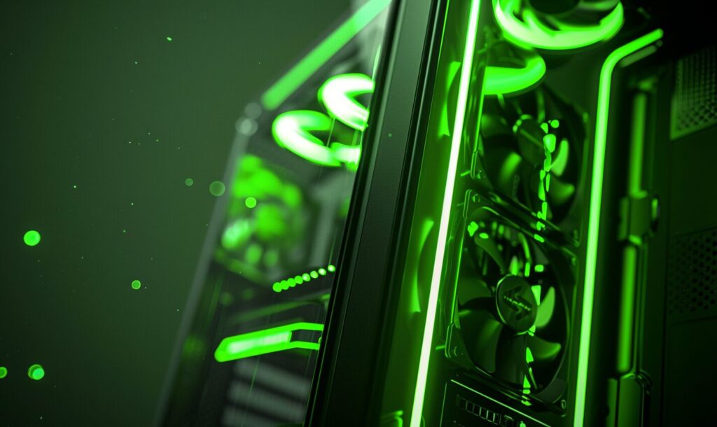 close up of a black and neon green gaming pc GPU
