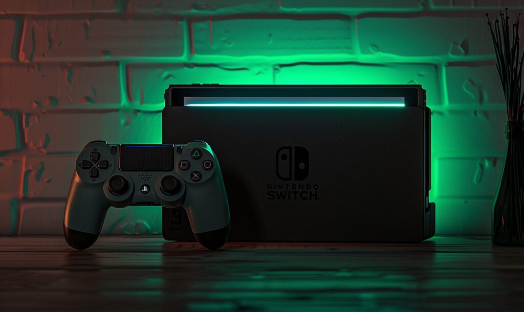 a ps5 controller sitting next to a nintendo switch