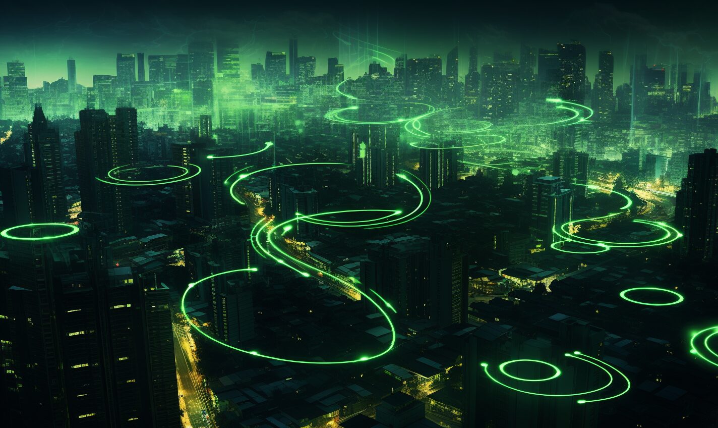 w-fi signals span across a futuristic city with a green glow