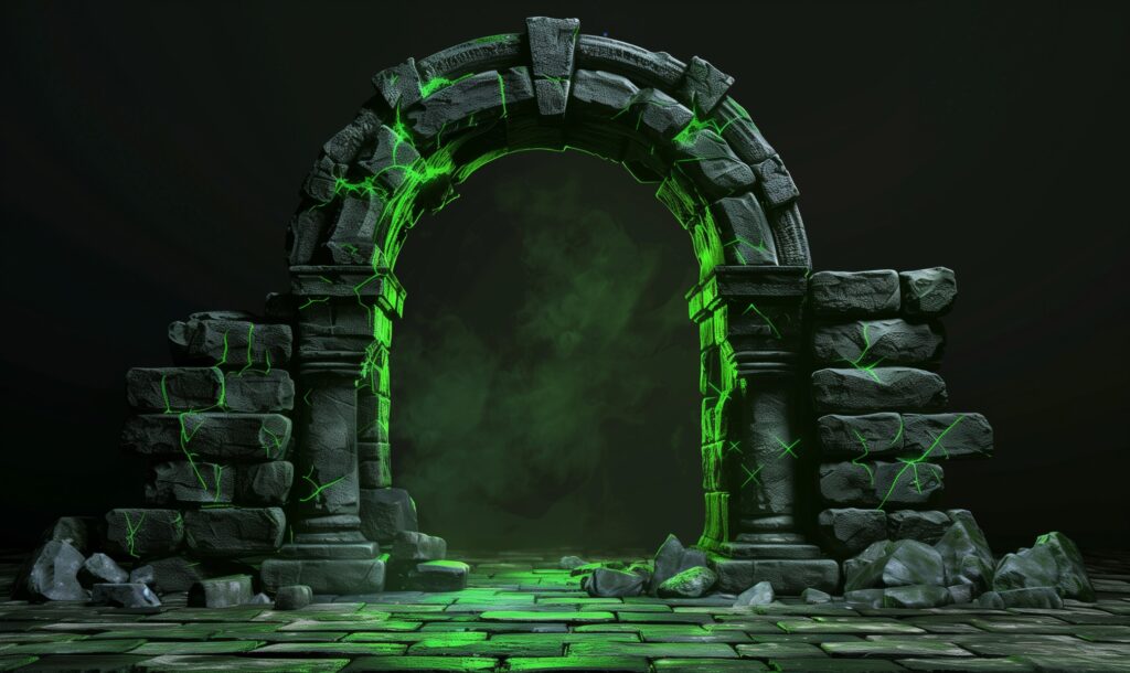 A stone archway lit with neon green.