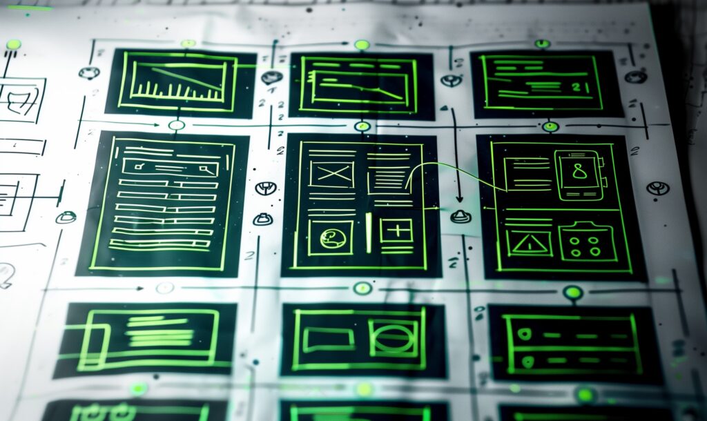 A piece of paper showing wireframe sketches of an app.