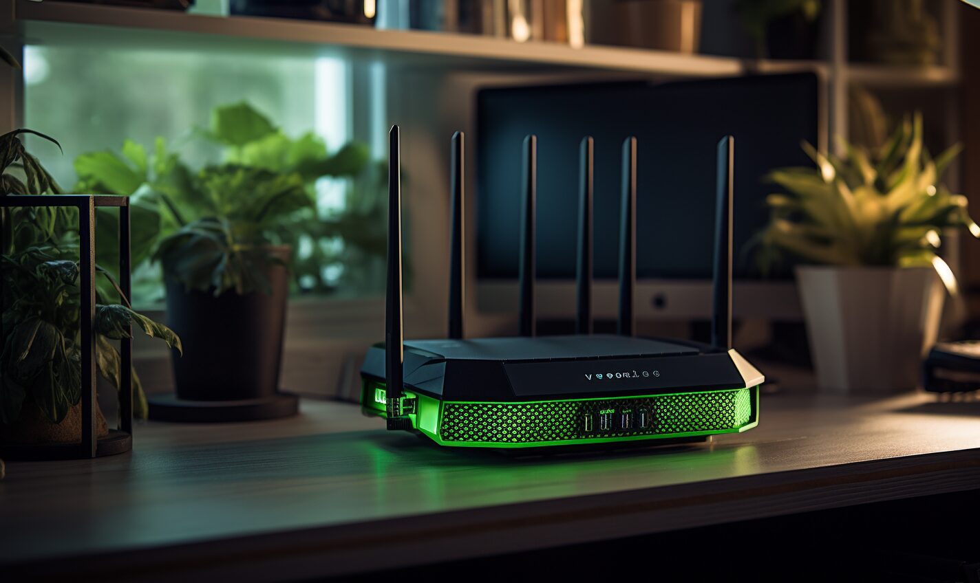 wifi router sits on a desk in a home office