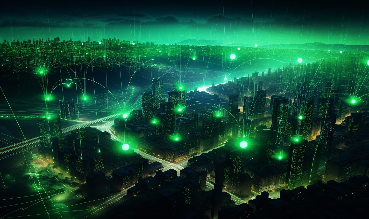 wifi signals bounce across a city with a futuristic green glow
