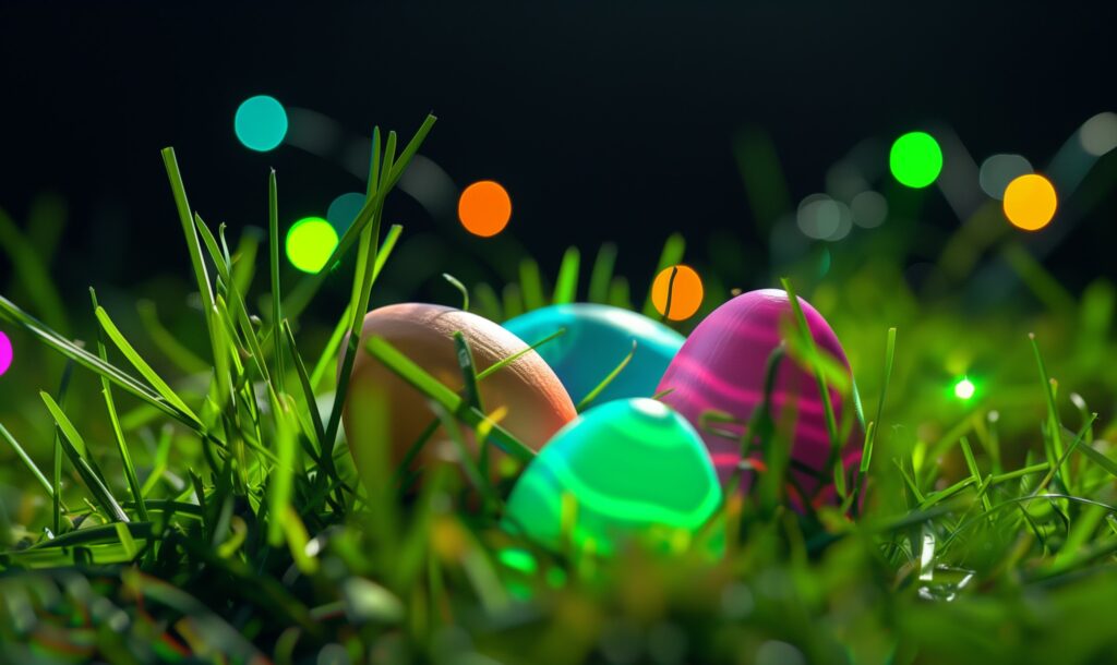 Colorful Easter eggs sitting in the grass.