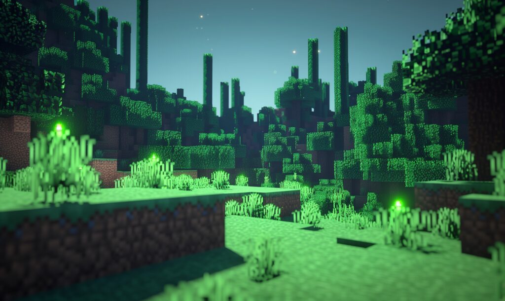 A green Minecraft landscape filled with trees.