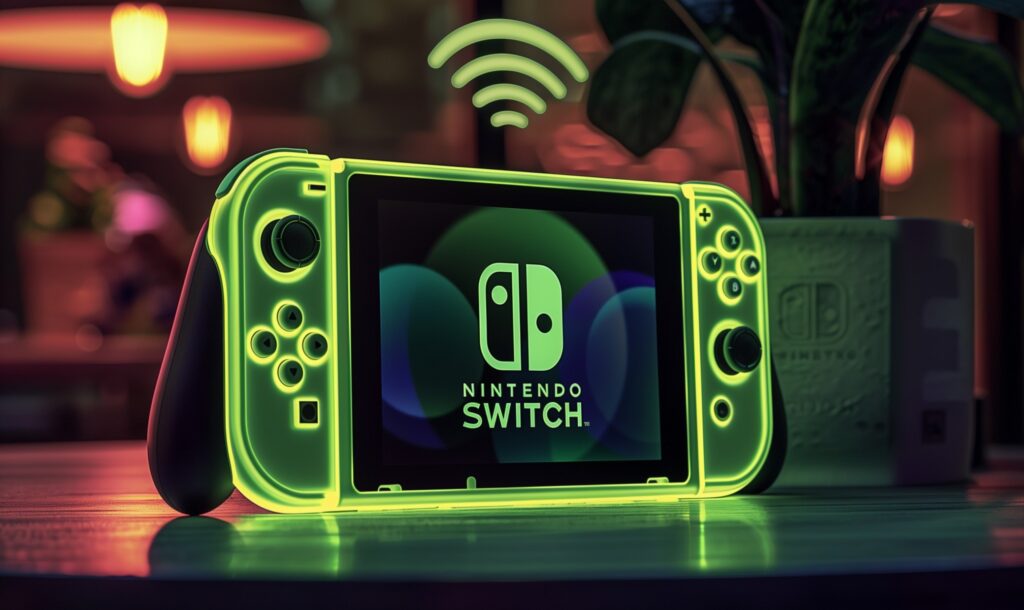 A neon green Nintendo Switch.