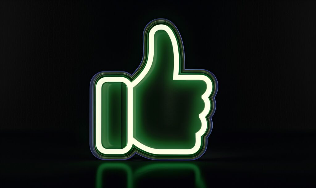 A glowing green Facebook like button icon against a dark background.
