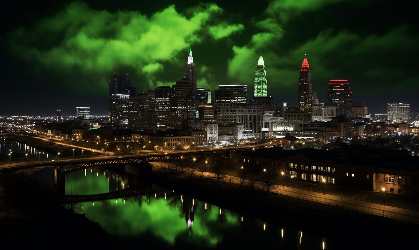 cleveland, ohio in a black and neon green glow