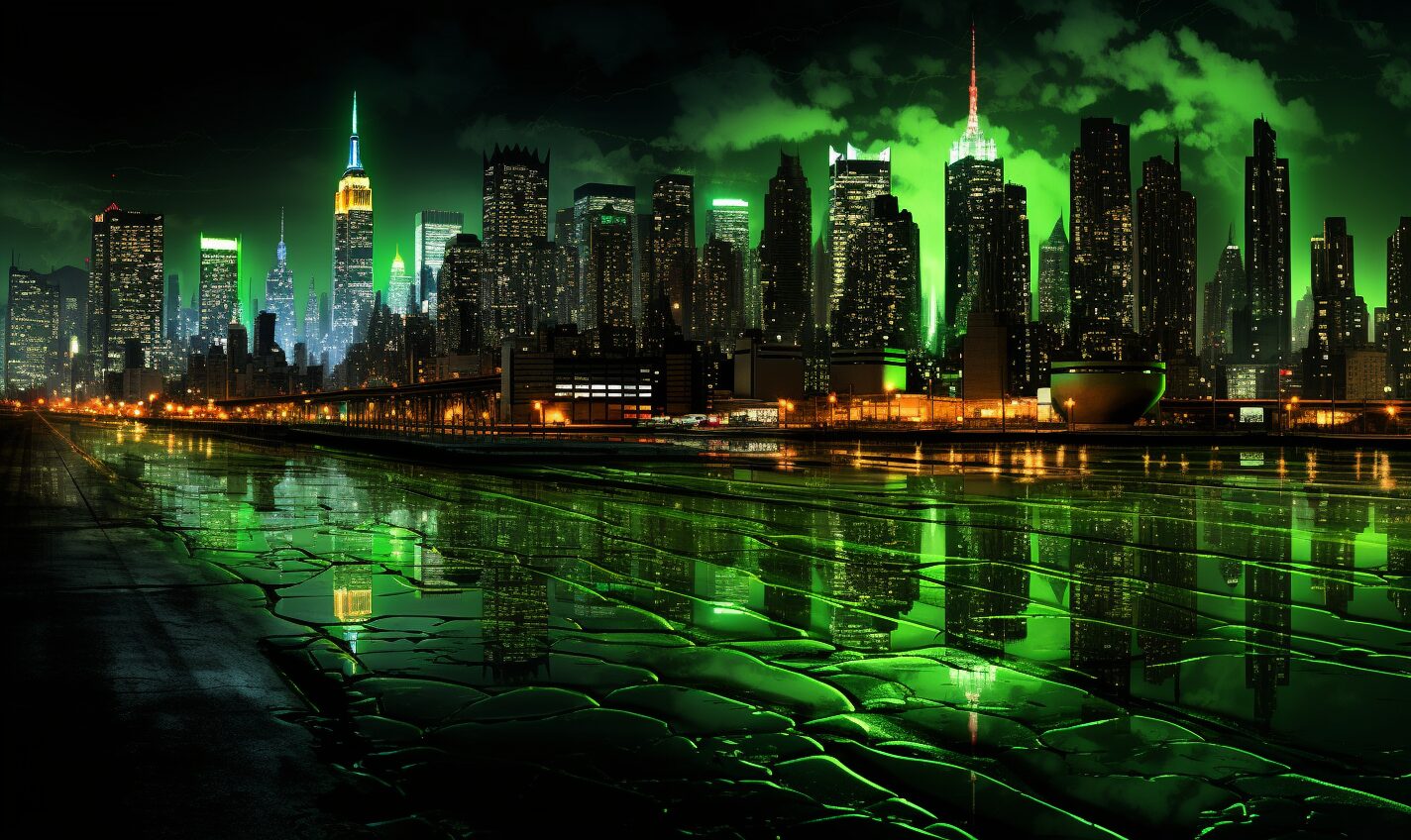 new york city in a black and neon green glow