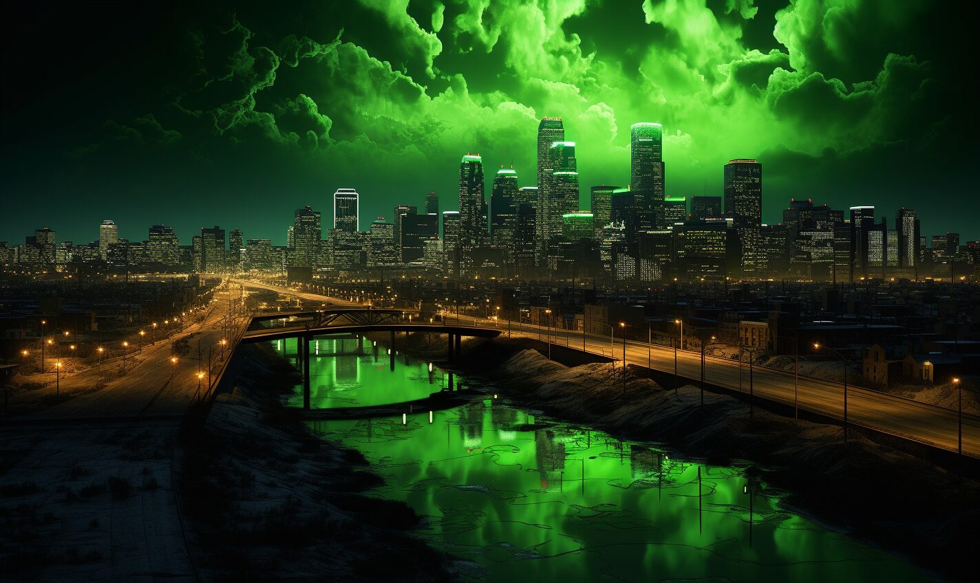 oklahoma city, oklahoma in black and neon green glow