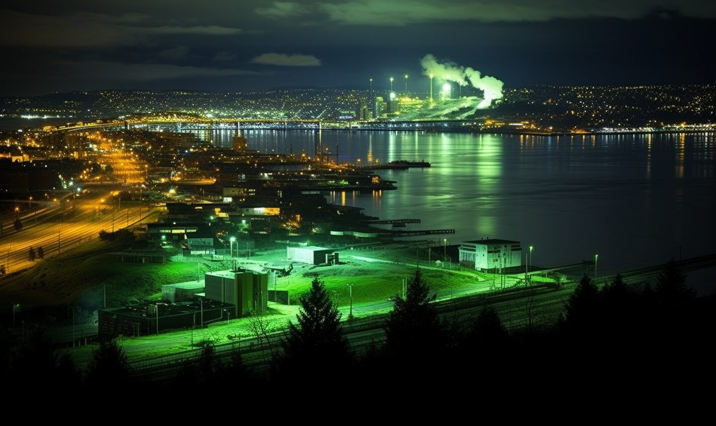 tacoma, washington in a black and neon green glow