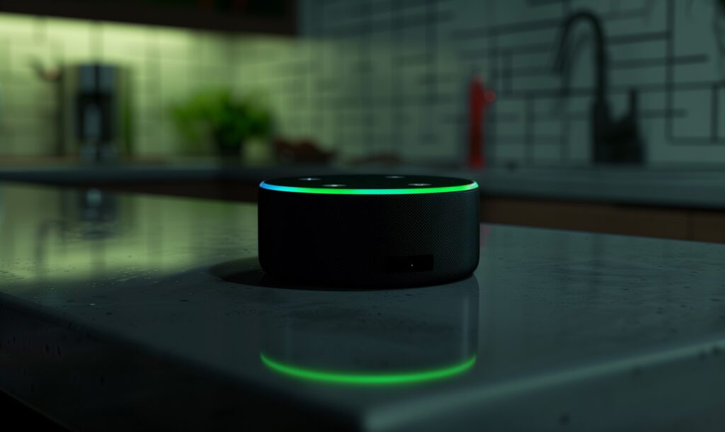 An Amazon Echo Dot sitting on a counter.
