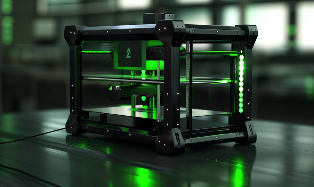 A 3D printer lit by a neon green light.