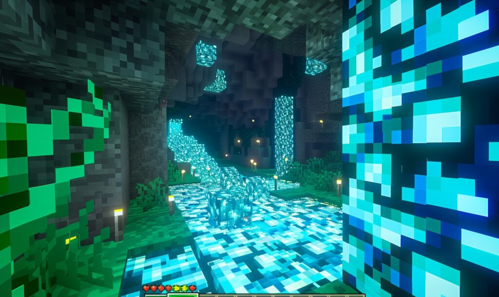 A Minecraft landscape with diamonds.