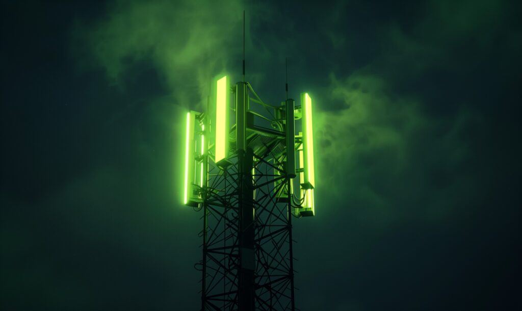 The top of a cell tower against a dark sky, glowing neon green.