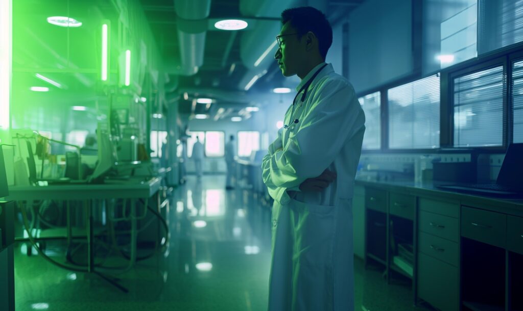 A doctor in a white coat standing in a hospital.