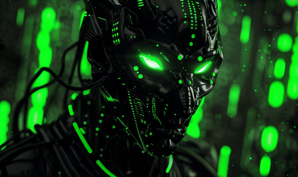 Closeup on the head of an intimidating black robot with glowing green eyes.