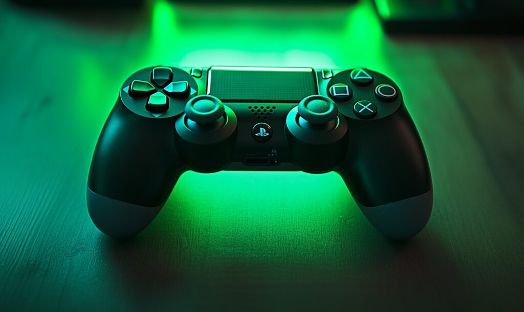 Closeup on a PS4 controller sitting on a table