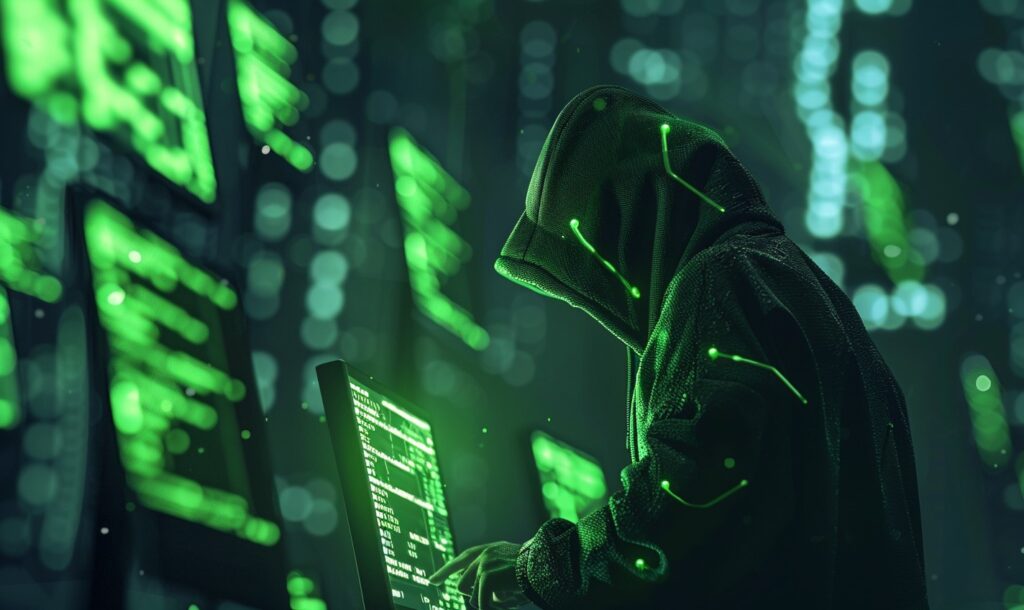 A hooded hacker sitting in front of computer monitors with neon green text.