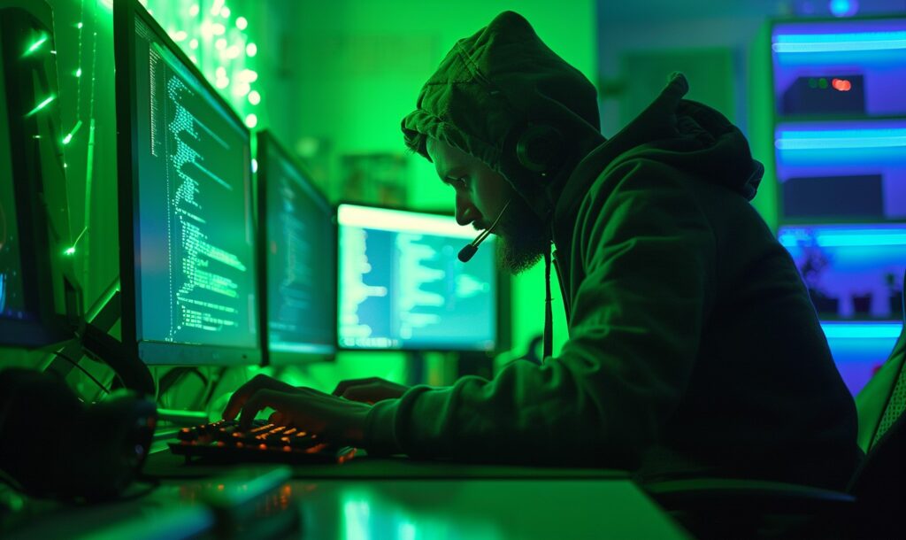 A man in a hoodie typing on a computer.