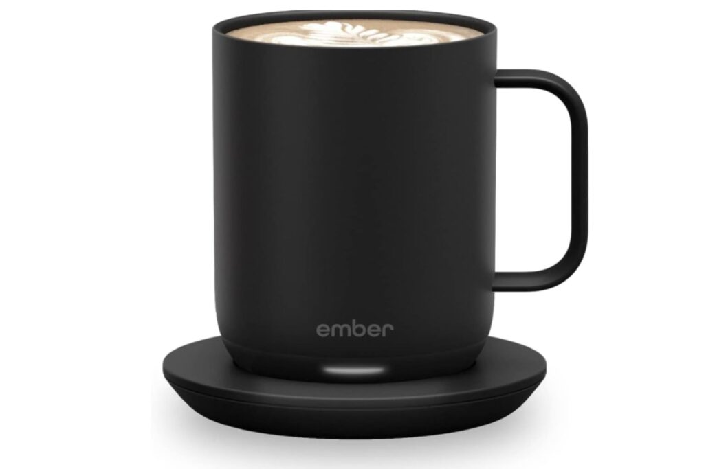 A black temperature controlled mug that keeps your coffee hot all day long.