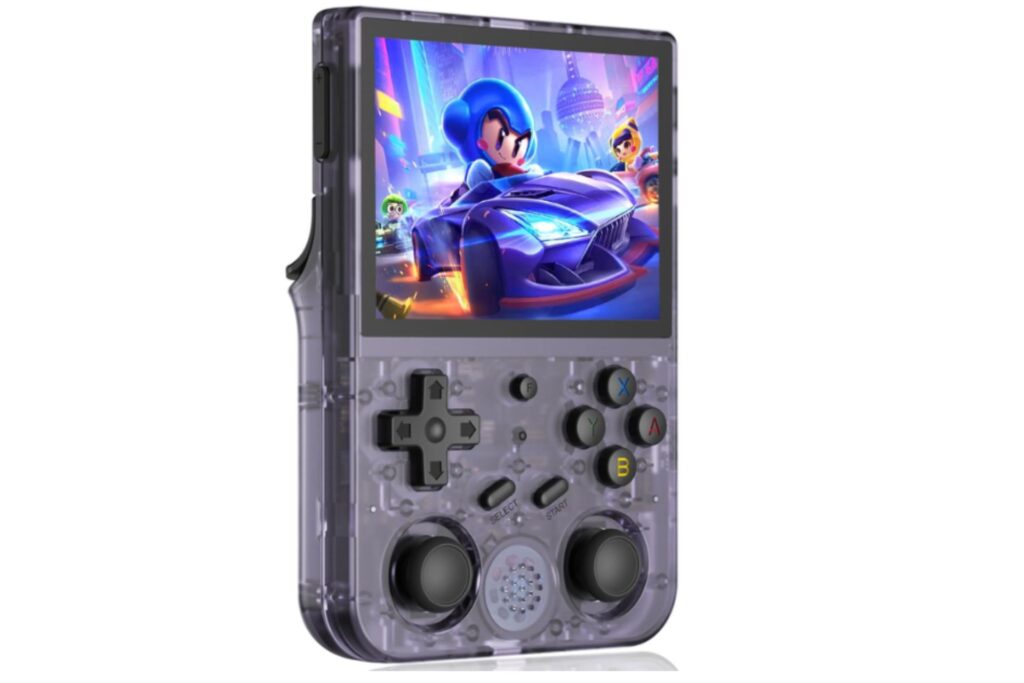 A clear purple handheld gaming console that comes loaded with thousands of classic games like Pokemon and Pacman.