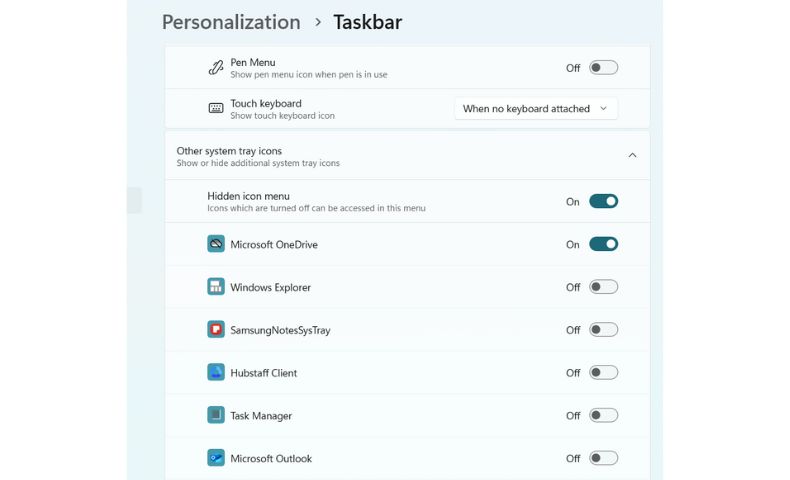 A list of icons the user can hide on the taskbar in the settings app.