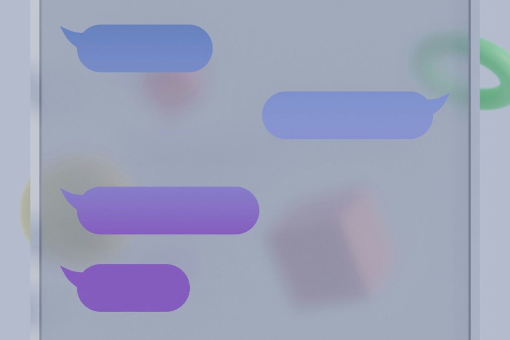 A text messaging interface with blue and purple chat bubbles.