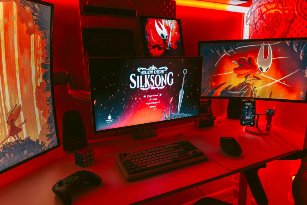 PC setup with hollow knight silksong decorations