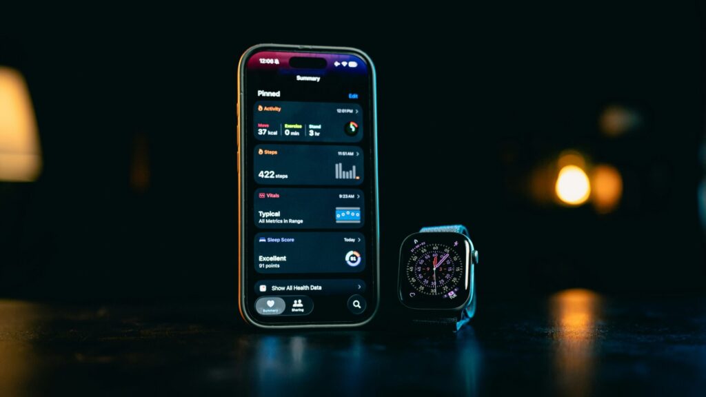 Closeup of an iPhone and an Apple Watch.