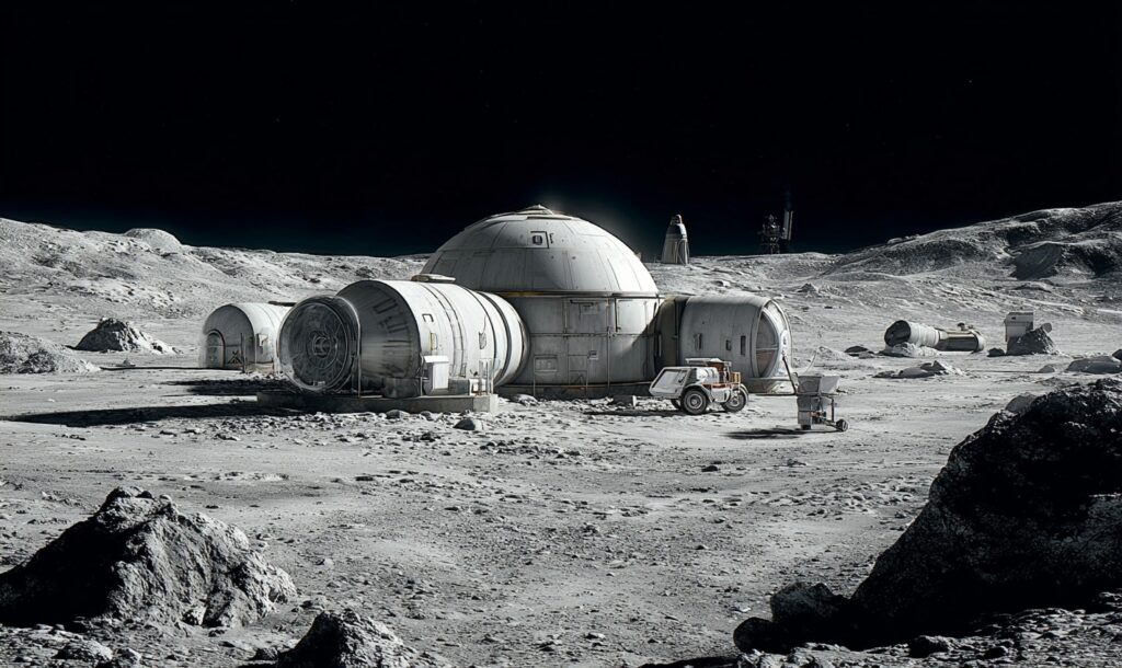 A mockup image of a small base building on the moon's surface.